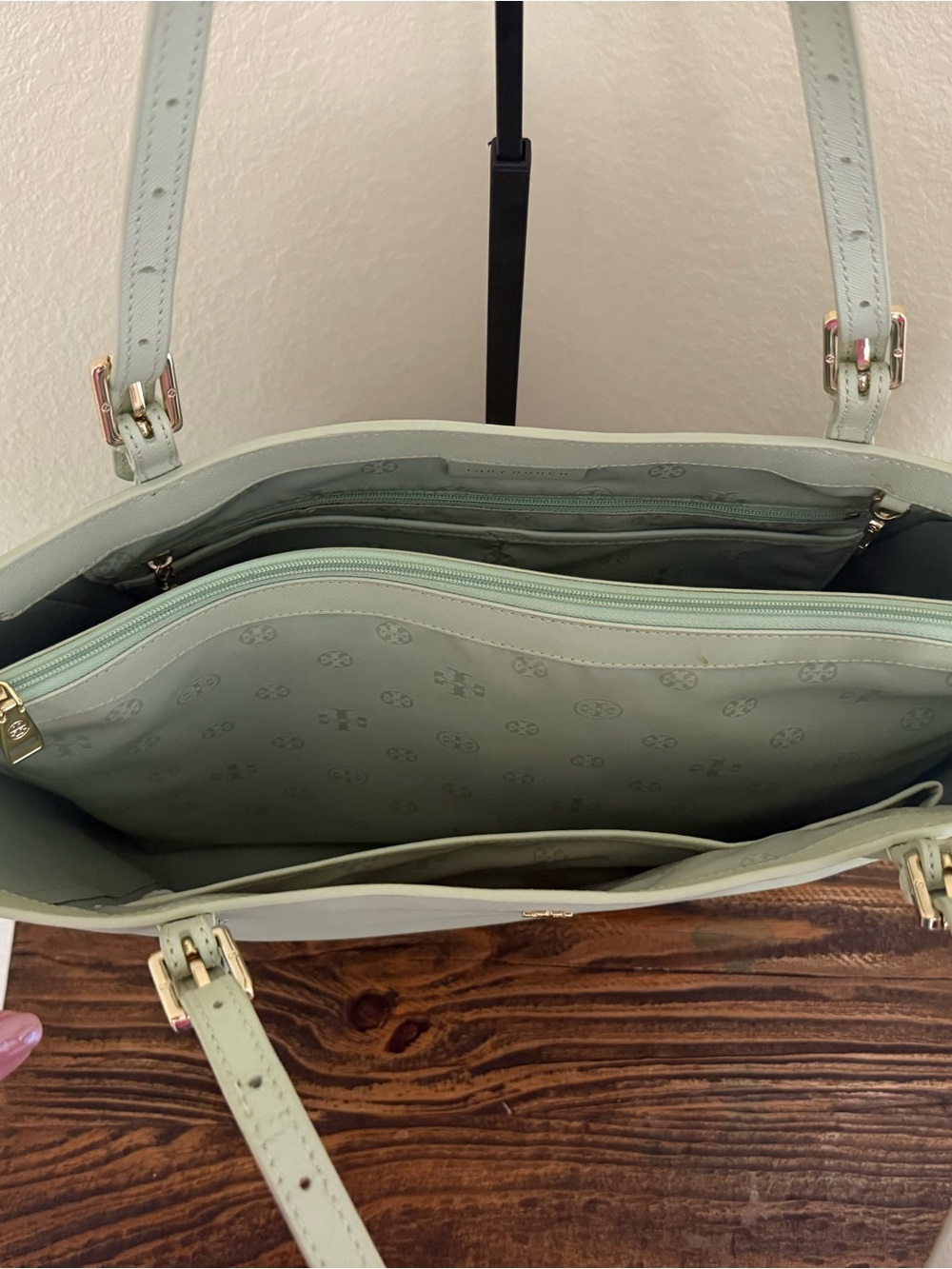 Tory Burch Laptop Tote | Mint Green | Coated Canvas | Work Bag - Picture 8 of 12